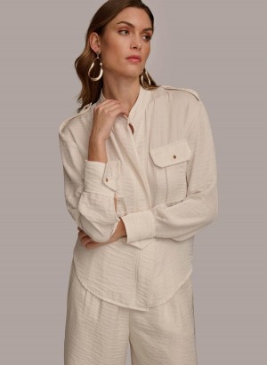 Donna Karan Button Up With Pockets Sweaters and Tops Cream | USA_DK92118
