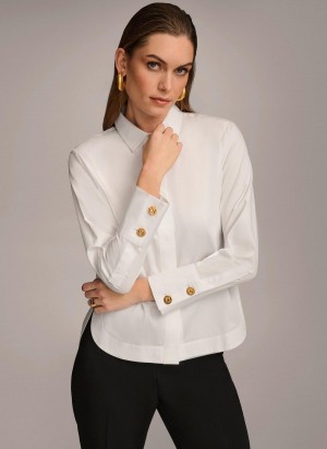 Donna Karan Cotton Collared Button Down Sweaters and Tops White | USA_DK76826