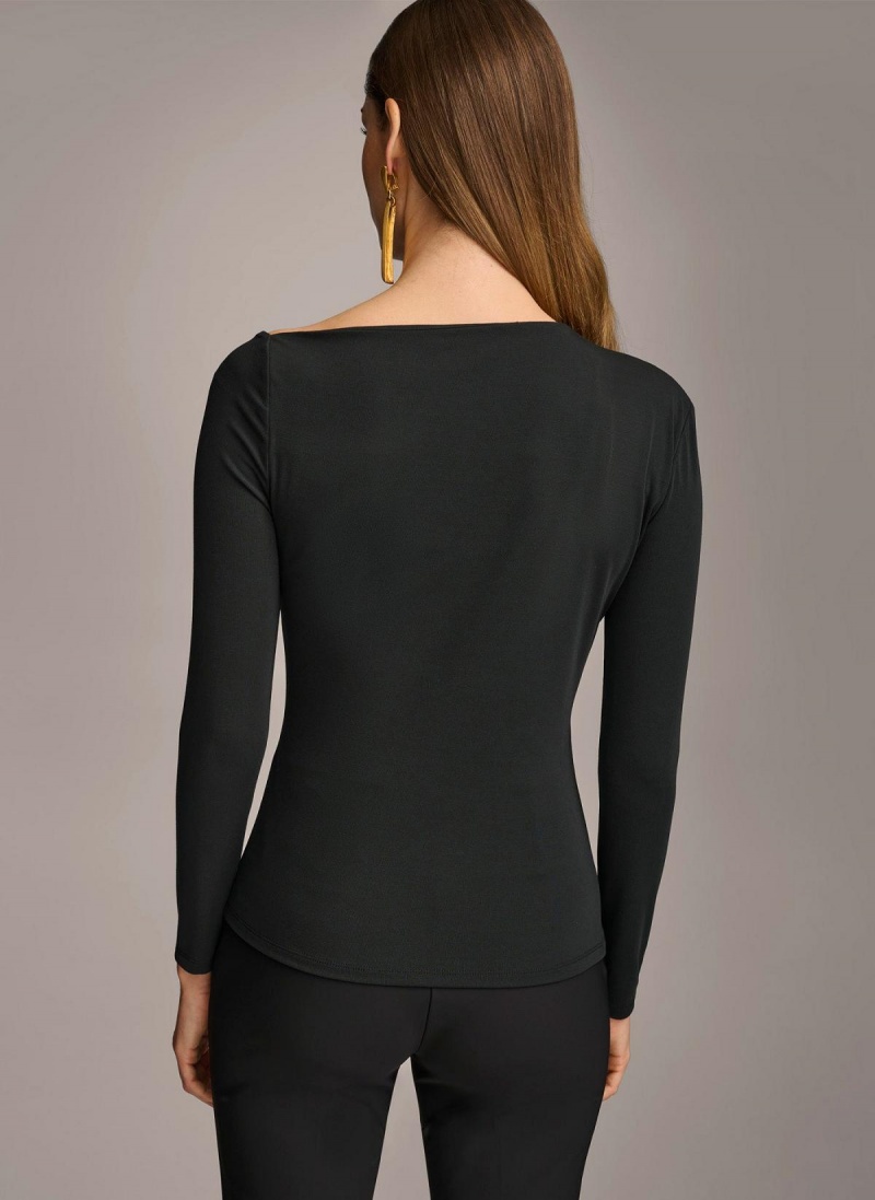 Donna Karan Asymmetrical Neckline Fitted Sweaters and Tops Black | USA_DK93340